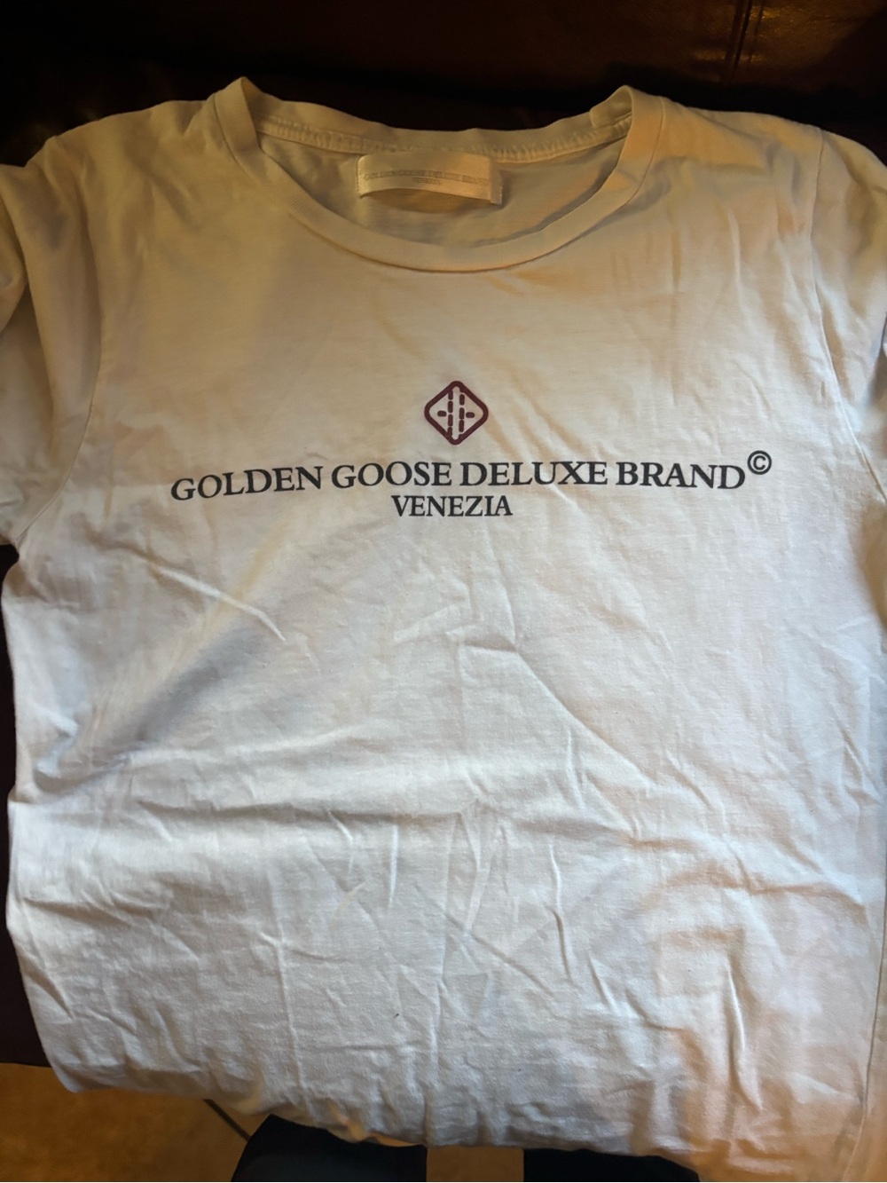Golden Goose White Tee with Black Logo and Burgundy Emblem